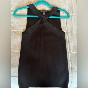 INC International Concepts black ribbed cross front tank top.